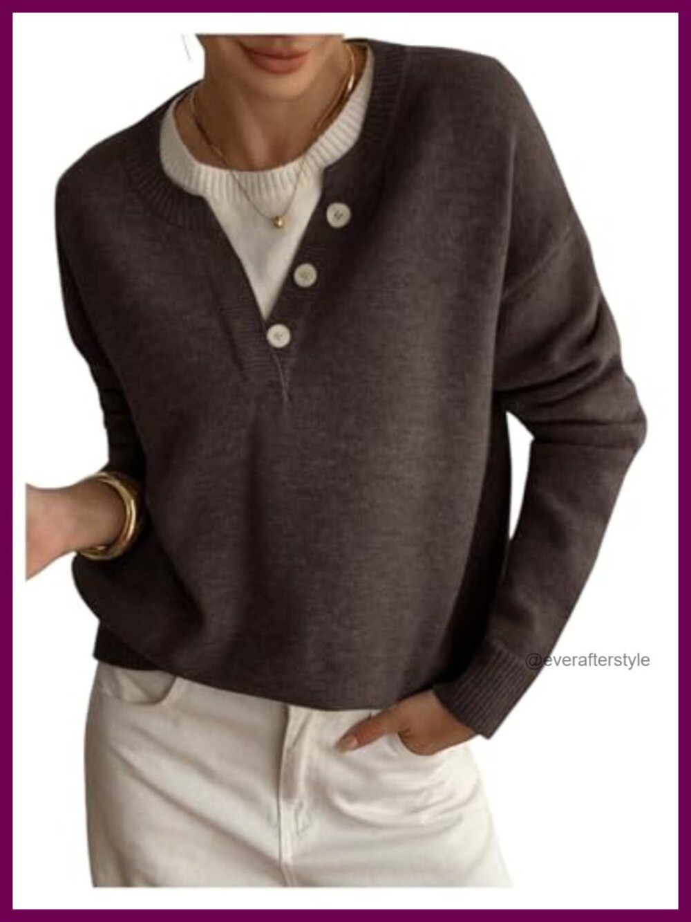 Women's Oversized Button Front Henley Pullover Sweater Long Sleeve Crew Neck